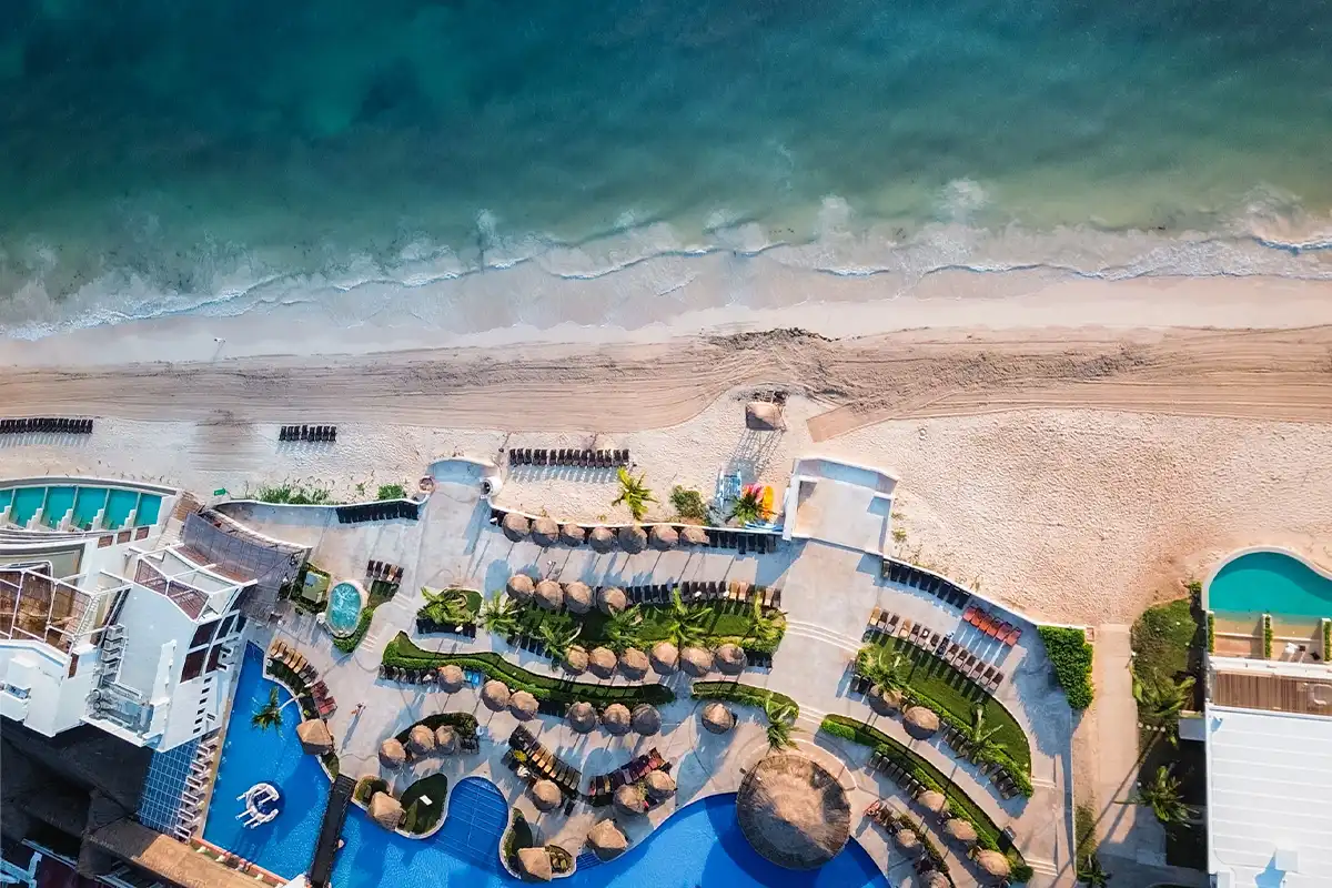 Aerial view of the Dreams Sapphire Resort, showing the beachfront location and main pool.