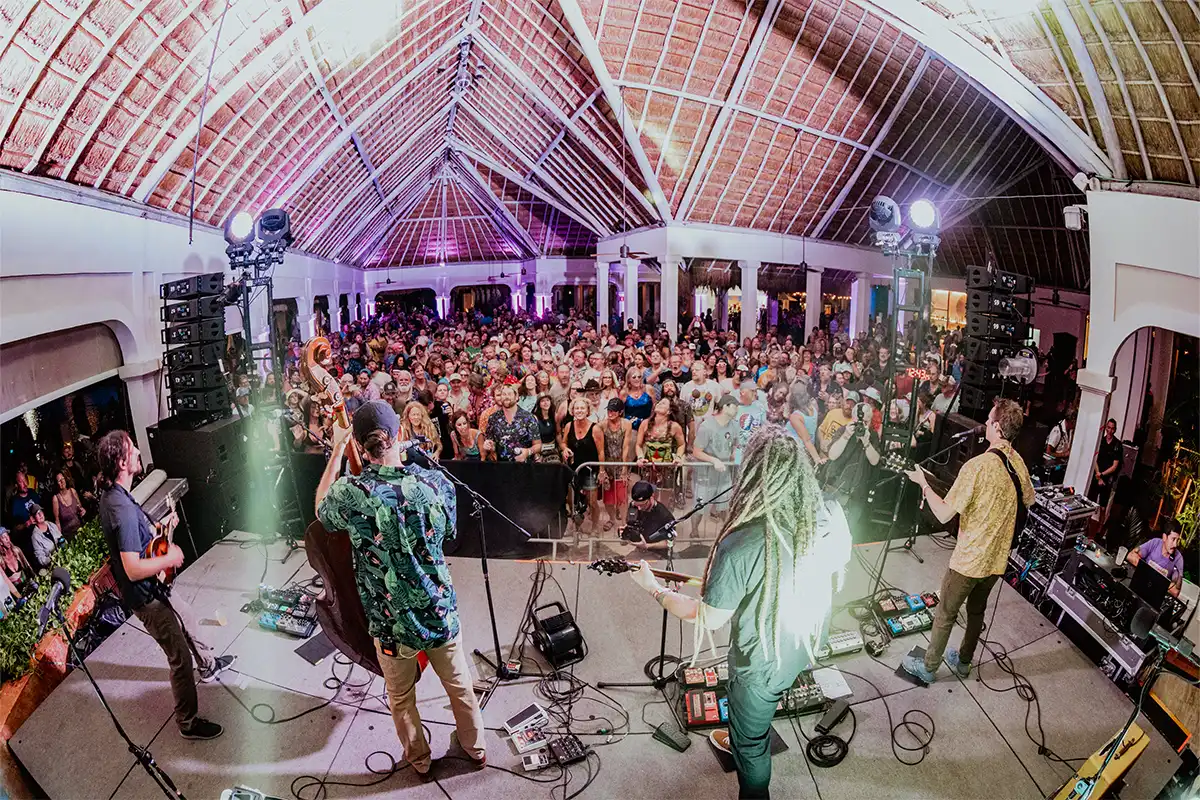 View from behind band facing crowd at the late night Palapa stage.