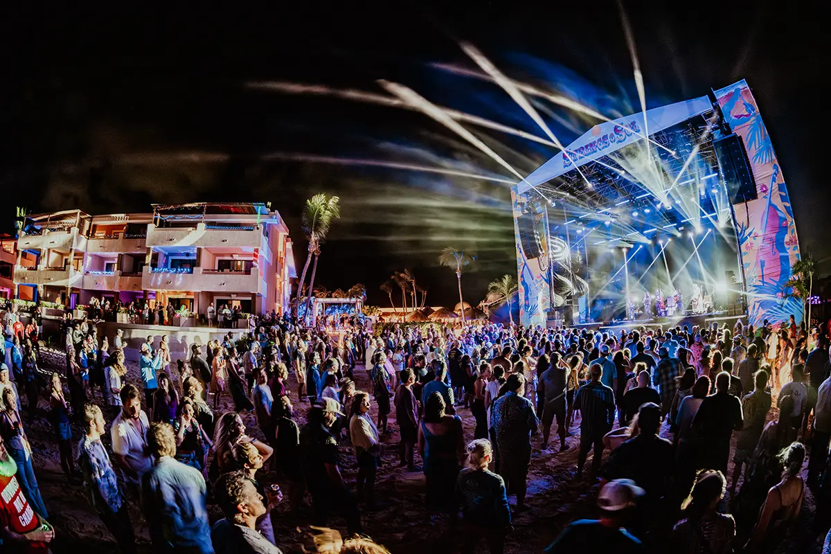 Crowd gathered at Beach Stage during nighttime concert.