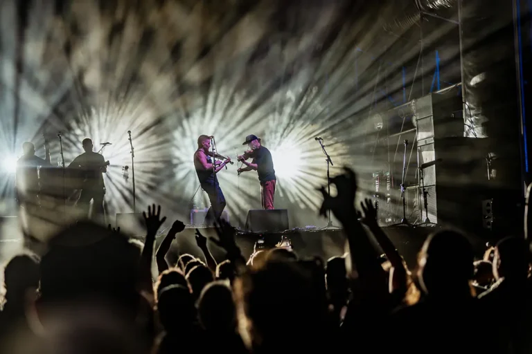 Two musicians performing on stage with bright backlighting and crowd with raised hands in the foreground.