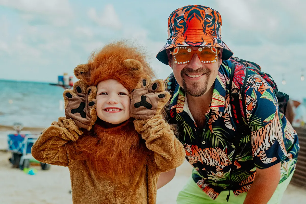Father and child in theme night costume.